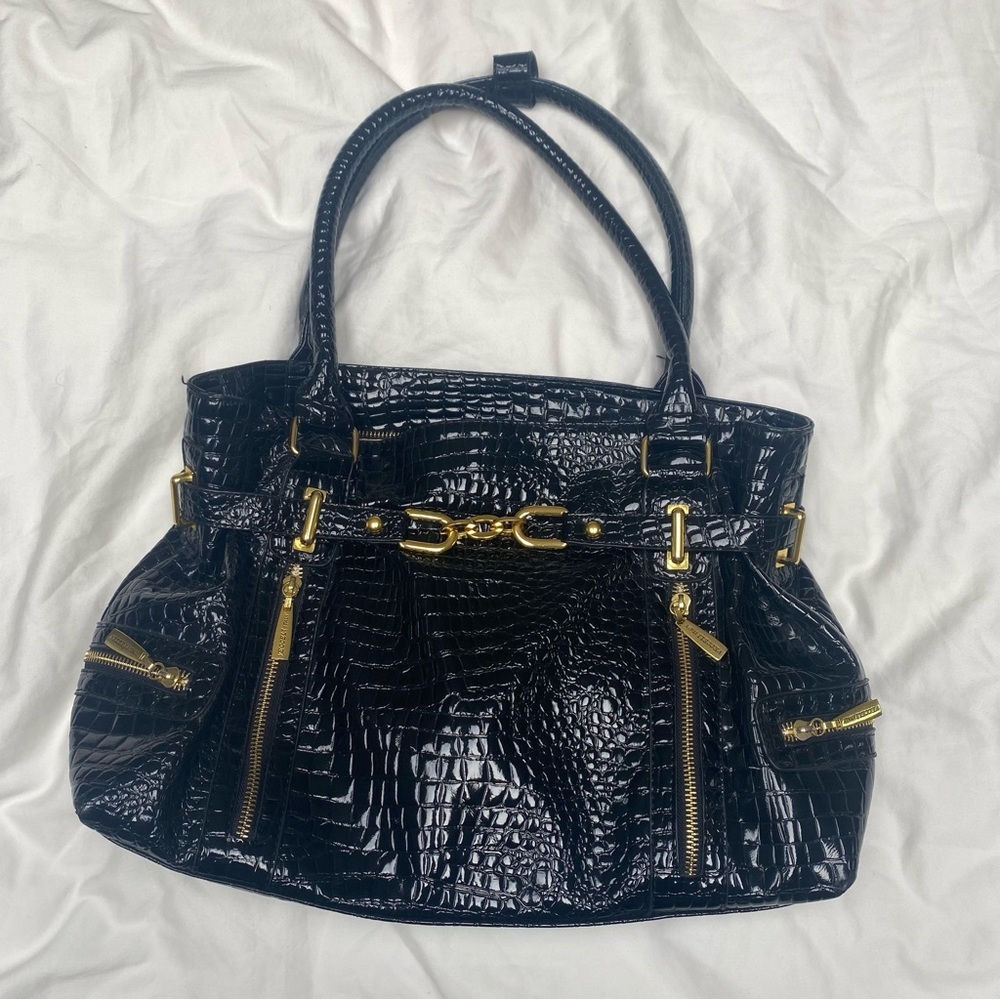 Vecceli Italy Faux Crocodile Embossed Handbag black gold